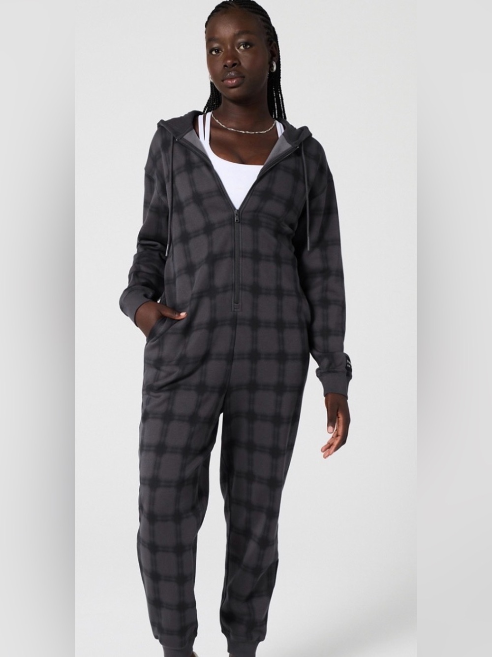Fabletics Woman’s Sm Plaid Hooded Onesie Jumpsuit Sweatshirt Material Like New